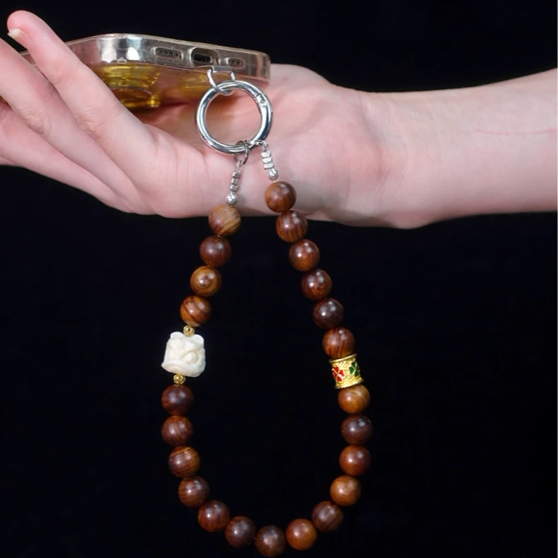 XX278【醒狮檀木】手机链挂饰奢华高级菩提珠子手链条防丢挂饰带夹