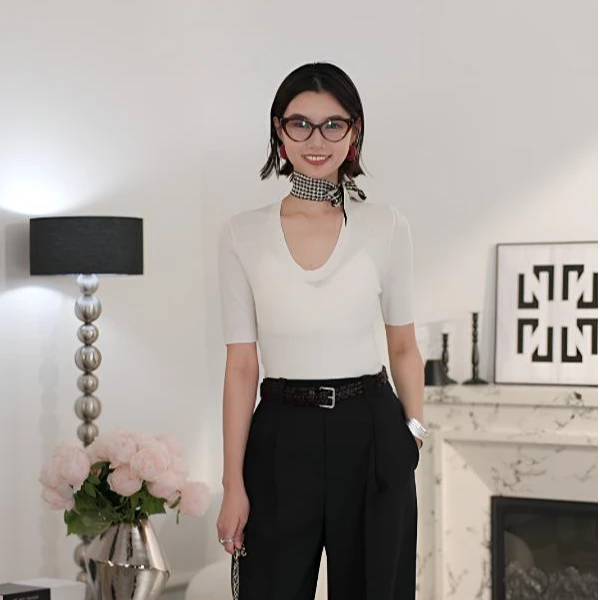 LYNEE 针织短袖套衫百搭80支美丽诺羊毛轻薄T恤上衣 LGD2FAK054