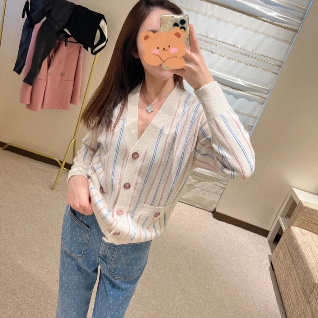 未使用 Chanel/香奈儿 条纹羊绒针织衫 米色/8