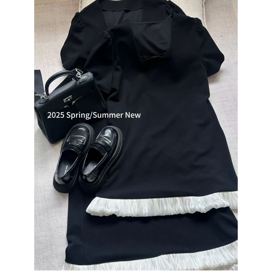 晶咕【富家千金】下摆拼色荷叶边短袖显瘦连衣裙时尚百搭