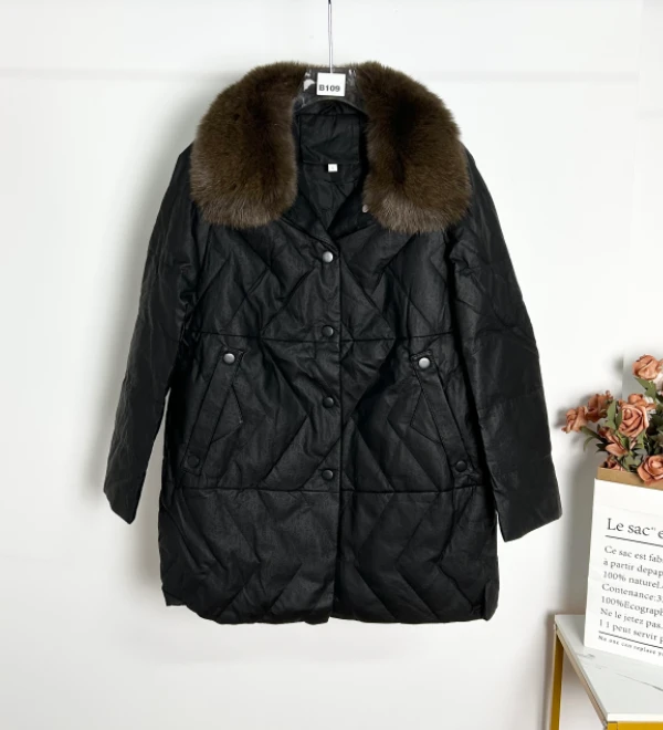 冬季中长款口袋长袖皮衣厚款宽松型羽绒服Y861