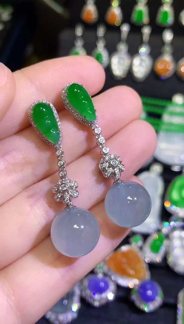 【闪购商品】翡翠耳饰18K金镶嵌高冰圆珠设计款耳坠