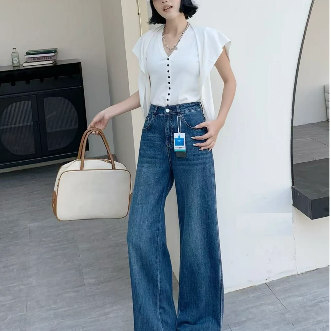 悦享女装2025春季新款高腰直筒透气亲肤天丝棉牛仔裤显瘦休闲裤