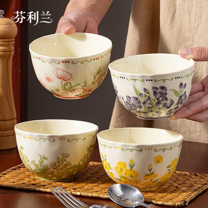 芬利兰花影拾光米饭碗家用复古中式陶瓷釉下彩超好看吃饭碗精致-
