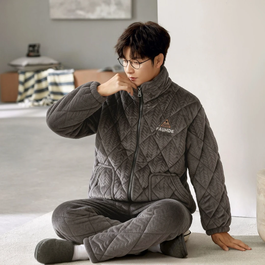 冬季男士拉链新款三层夹棉加绒加厚保暖睡衣可外穿家居服套装