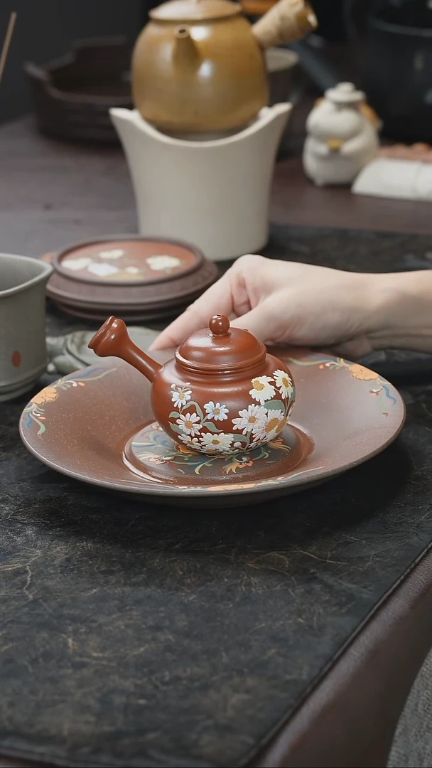 九隐茶器朱泥大红袍侧把泥绘壶