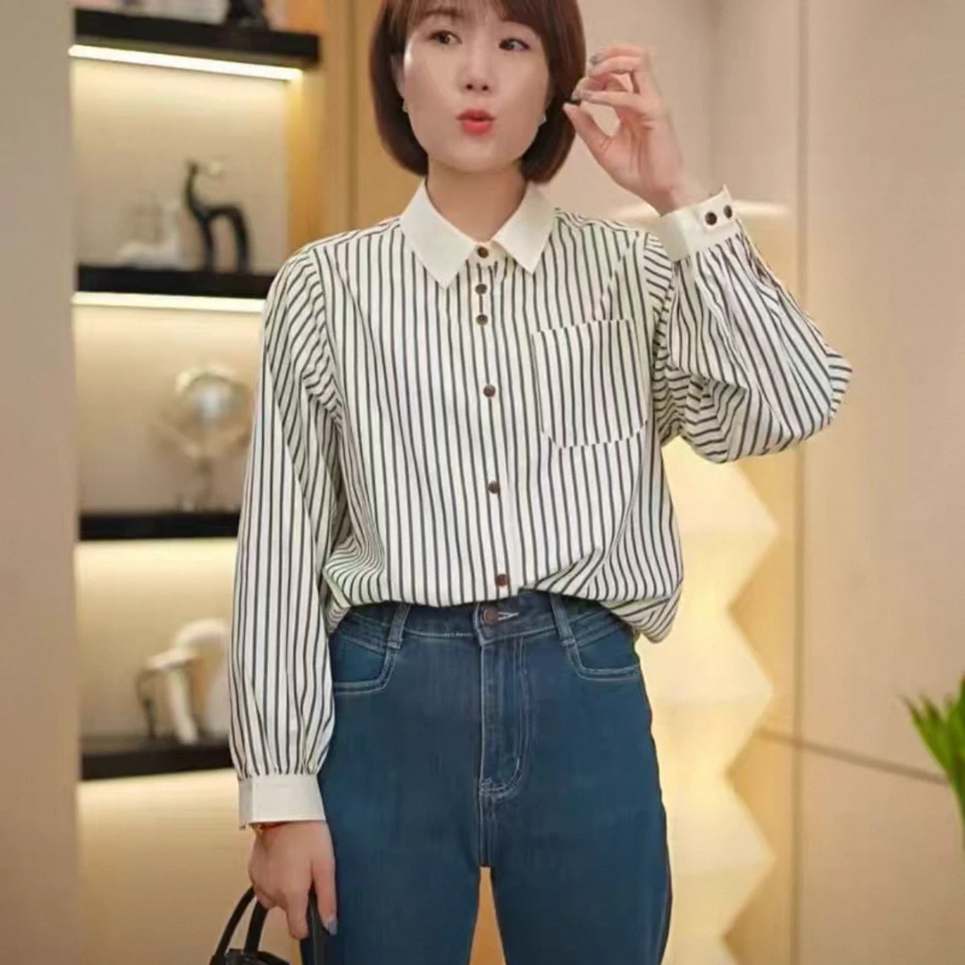 @韩版宽松竖条纹长袖衬衫 MGF2442