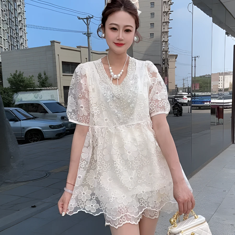 【柚柚】夏季胖MM刺绣重工藏肉显瘦大码两件套轻奢套装