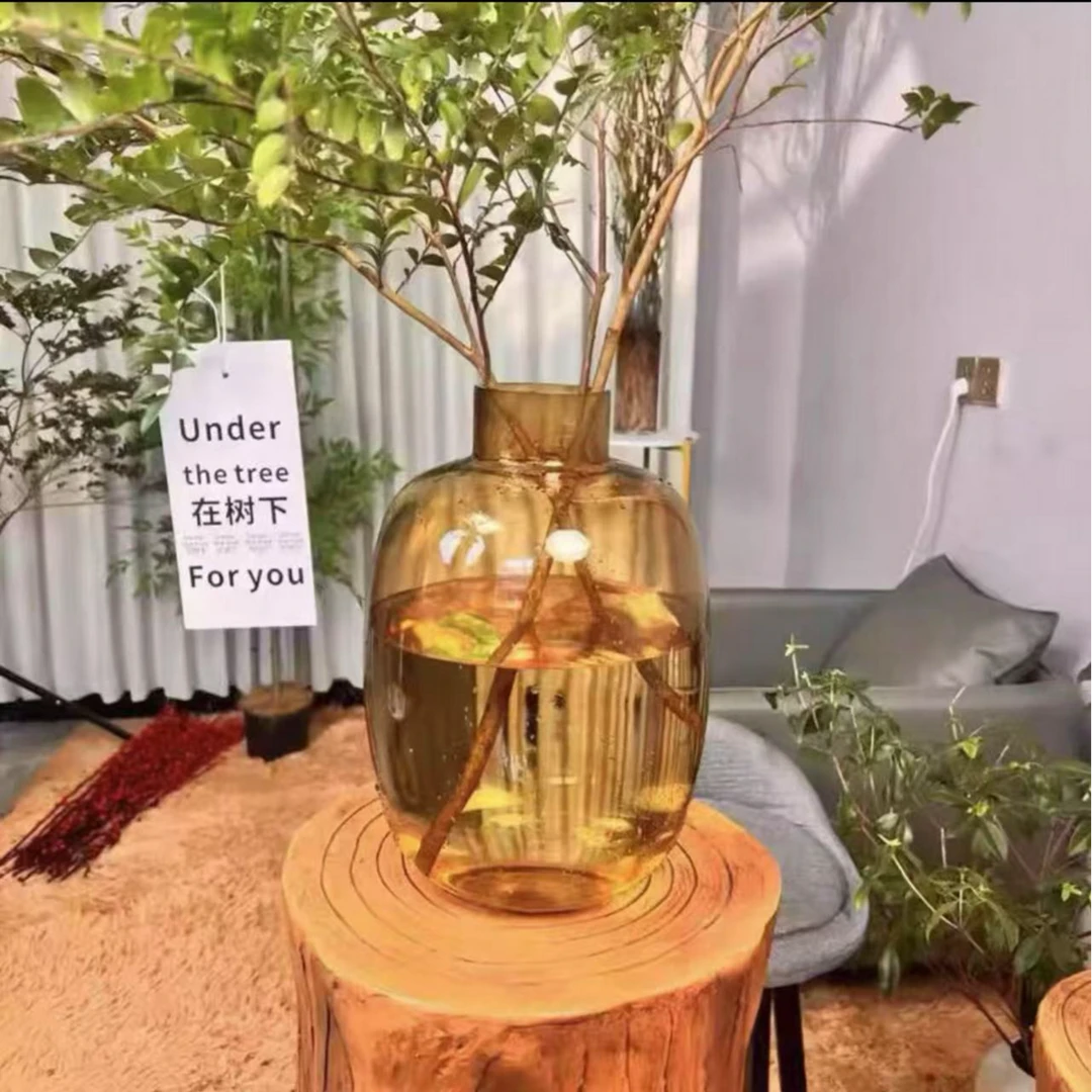 高级感现代大花瓶客厅玻璃插花大肚透明高级镜泊花瓶高奢琥珀色