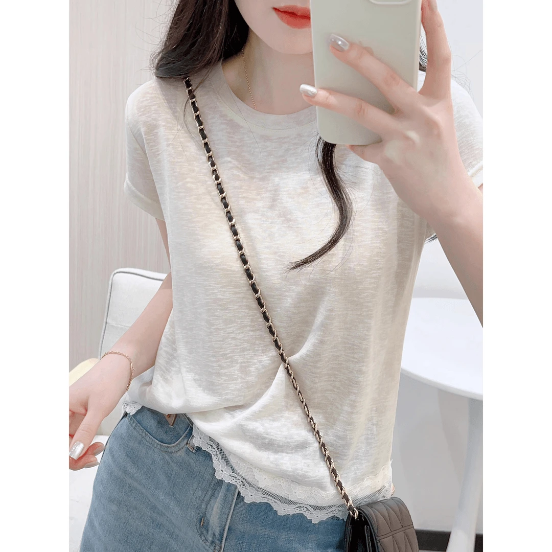 白色雪花棉圆领正肩短袖t恤女夏季小众蕾丝拼接独特别致显瘦上衣