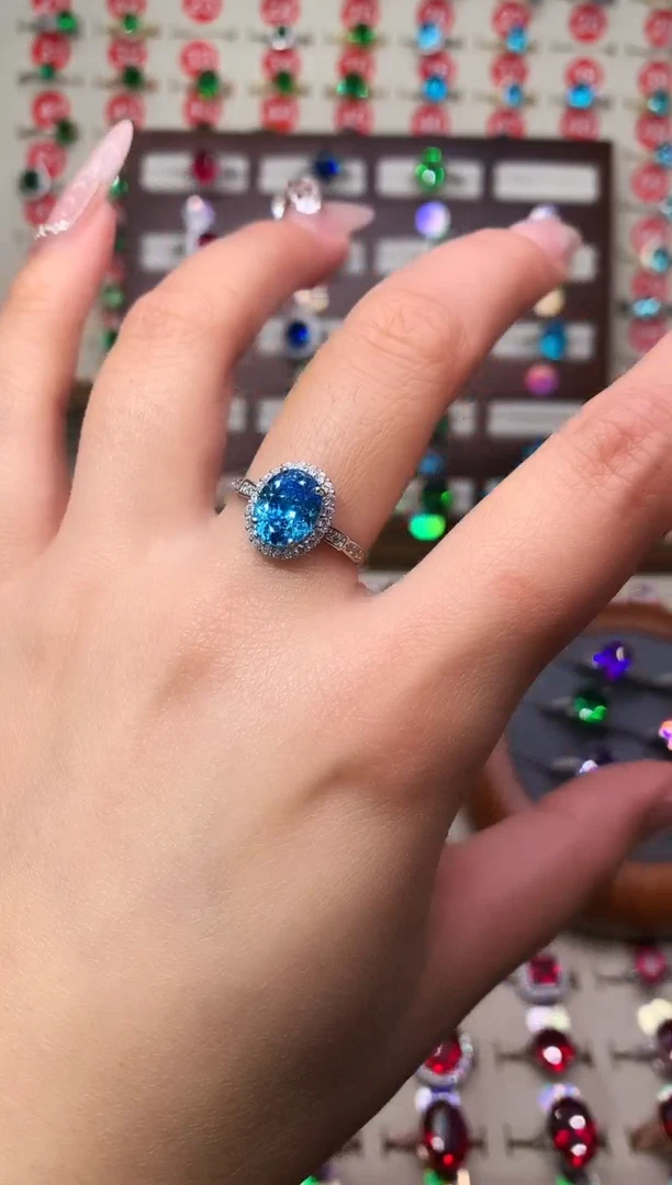 银S925镶嵌戒圈海蓝宝石7*9 银托