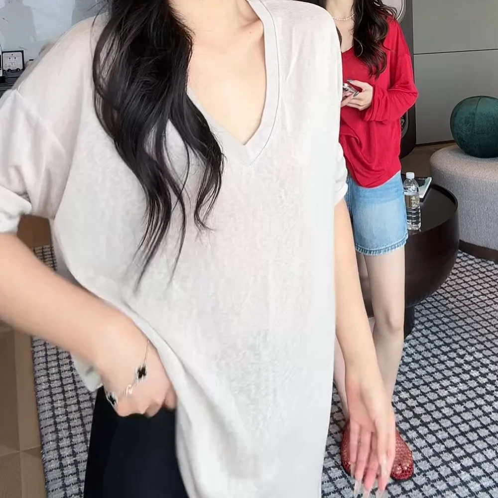 会呼吸的T 慵懒风雪花纹V领防晒休闲长袖T上衣C5248