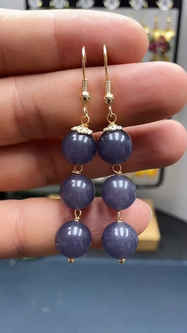 和田玉银S925镀金镶嵌耳饰尺寸10mm烟紫连珠