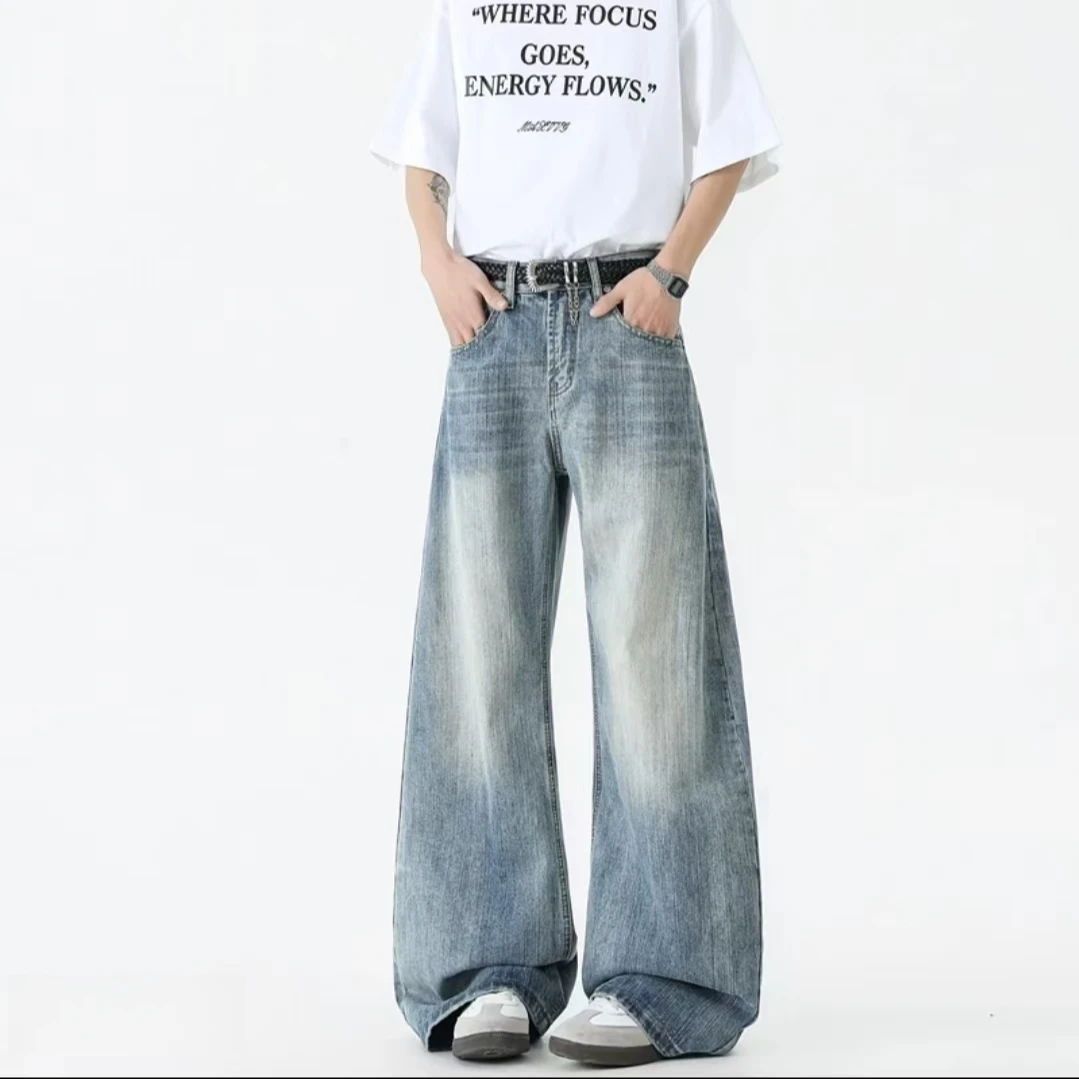 2025年夏季美式复古竹节纹牛仔裤弯刀裤宽松百搭男女同款阔腿裤