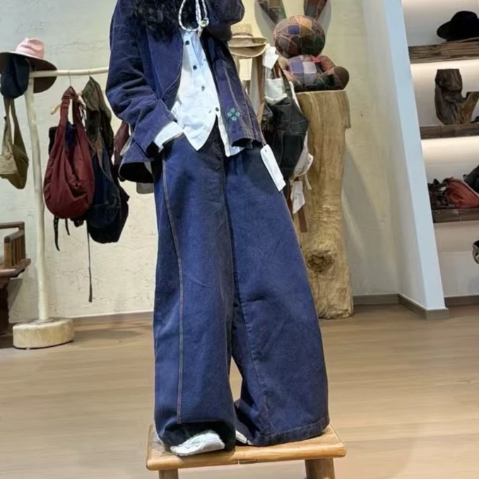 忆古朴拙色织侧腰松紧休闲阔腿裤240909春秋时尚复古慵懒