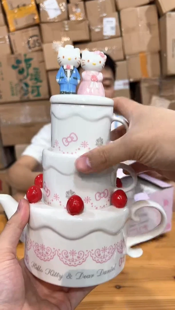 瓷片原盒结婚kt猫蛋糕茶壶