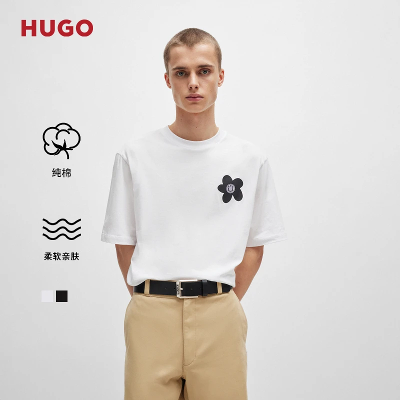 【100%棉】HUGO雨果男士徽标艺术图案装饰棉质平纹针织T恤50513214