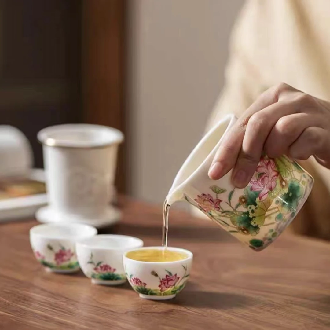 瓷理陶里便携双喜快客青莲荷韵白瓷一壶三杯（1449）茶具快客杯茶杯