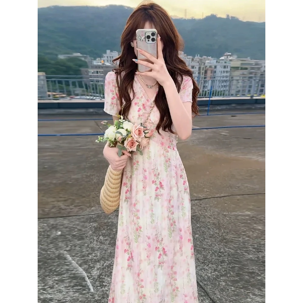 【清仓+运补5米】法式短袖v领蓝色碎花连衣裙子女夏季显瘦长裙5594