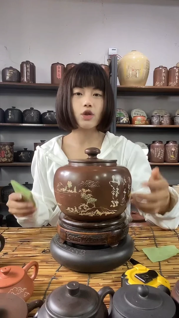 16建水紫陶手工精磨彩填醒茶罐