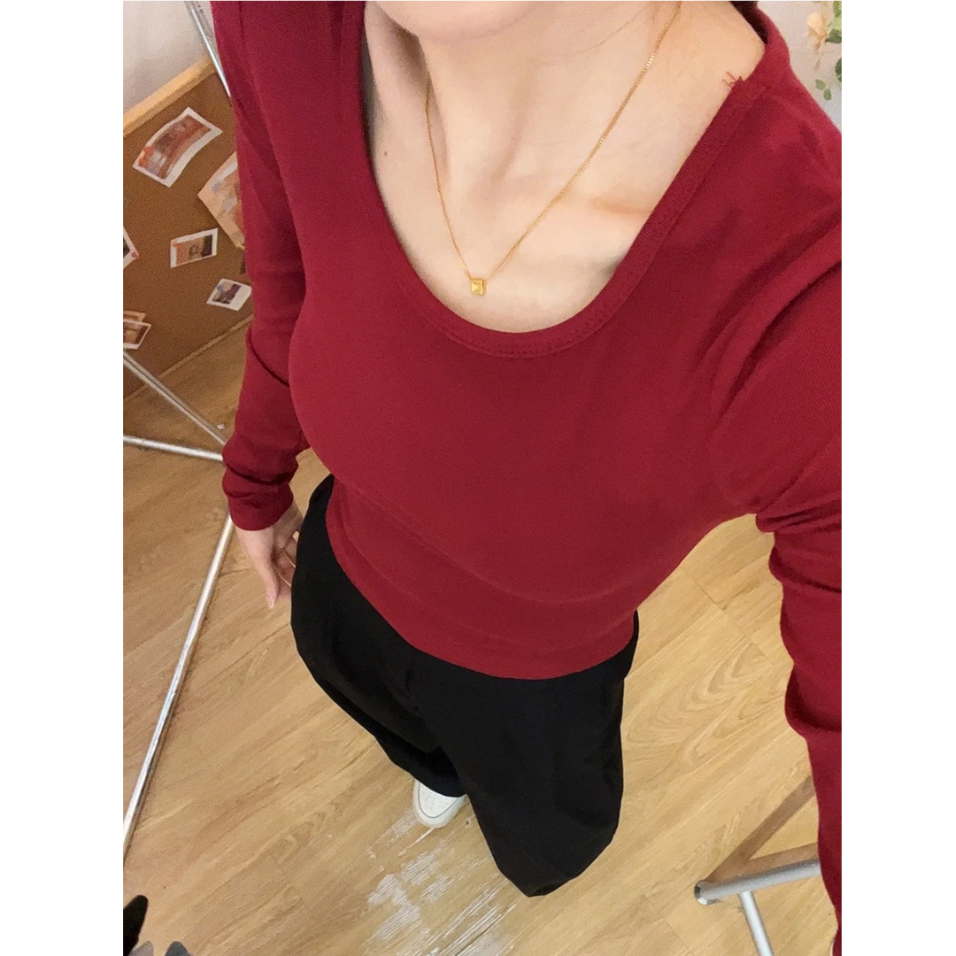 秋季U型领美式辣妹正肩长袖T恤女休闲风显瘦上衣