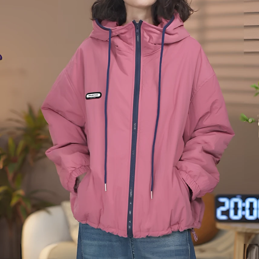 8100秋冬韩版ins休闲风时尚潮流保暖撞色拉链连帽宽松百搭女棉衣