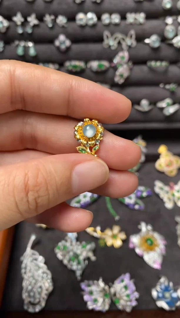 吊坠(不含链)银S925镶嵌翡翠向日葵吊坠