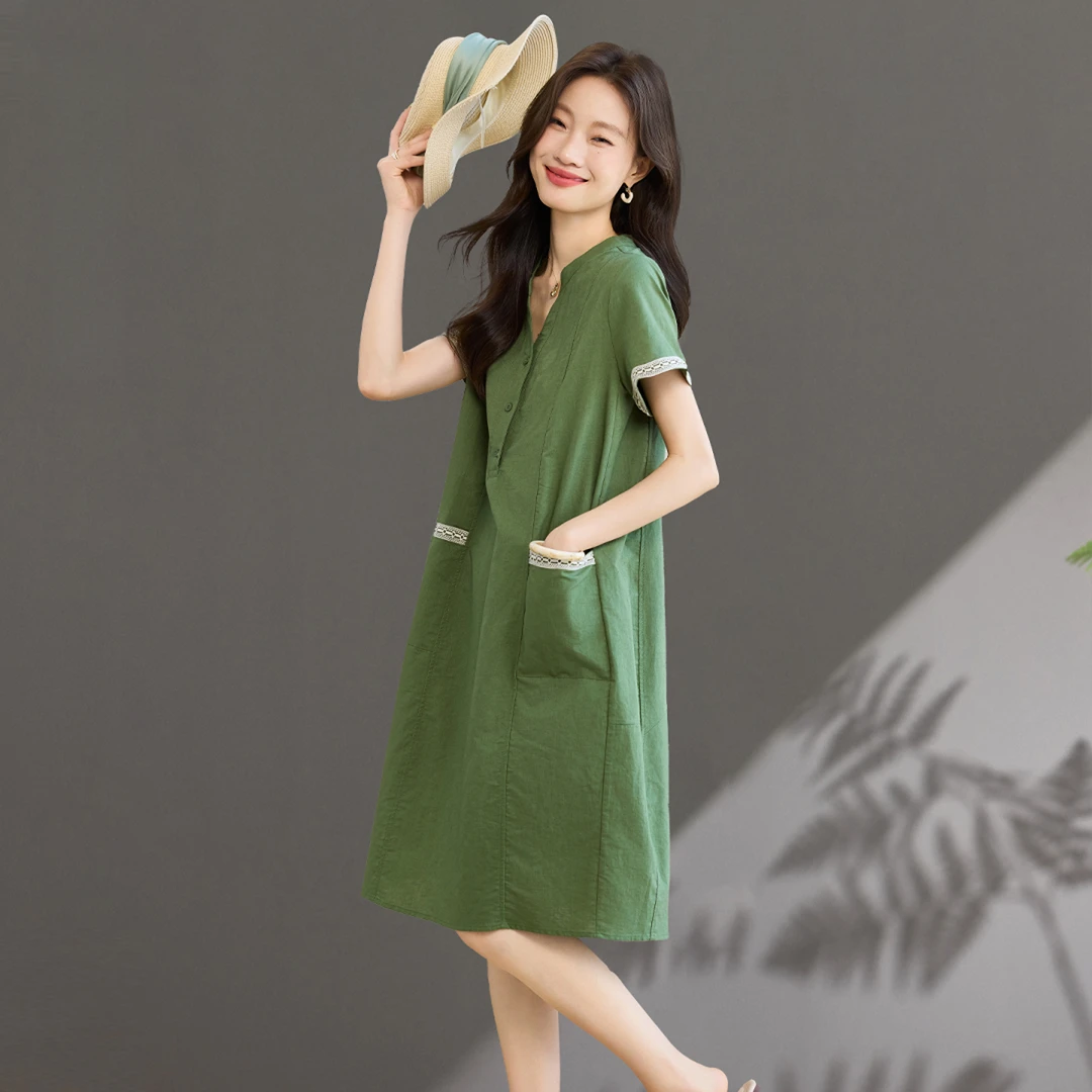 V领棉麻连衣裙夏季大码女装2025新款时尚洋气减龄气质休闲直筒裙