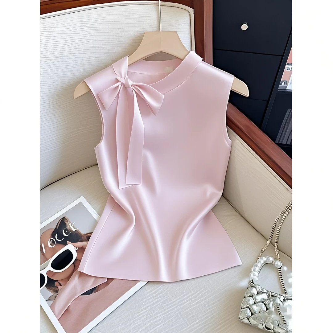 2025年夏季新款时尚百搭高级感粉色蝴蝶系带背心甜辣独特无袖上衣