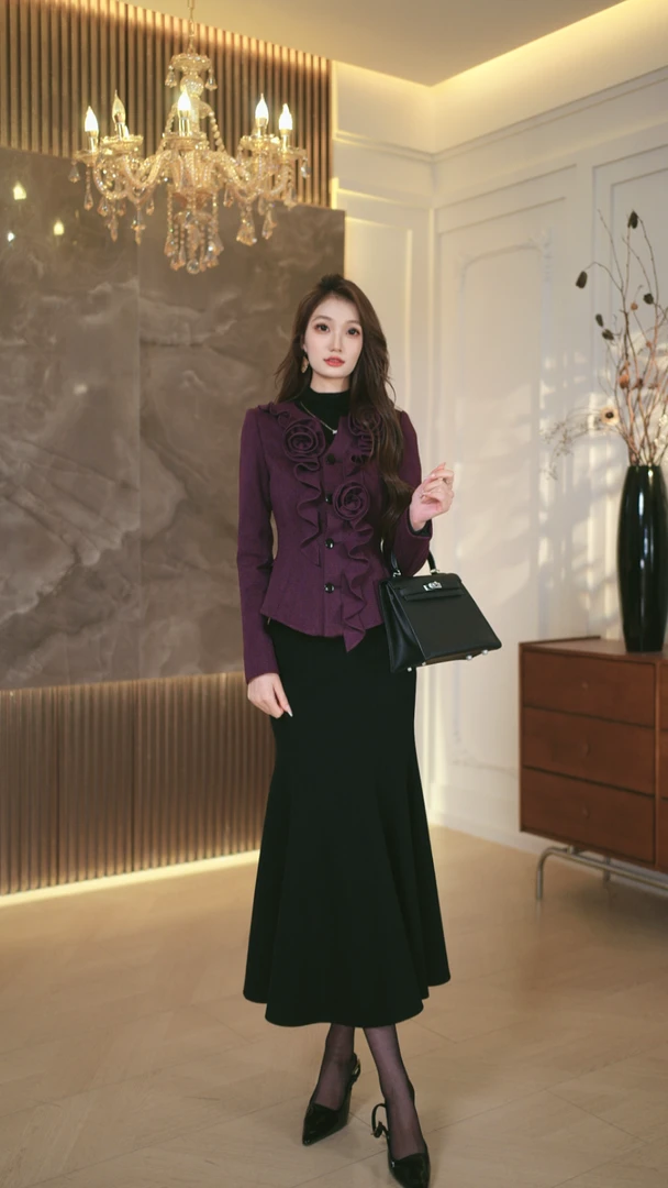 罗曼定制 高定原创紫色长袖毛呢厚款花朵上衣+鱼尾半身裙套装女