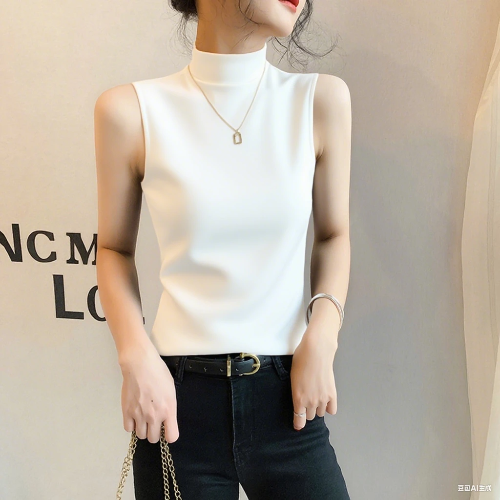 黑色半高领莫代尔无袖背心女吊带内搭2025夏新款修身打底外穿上衣