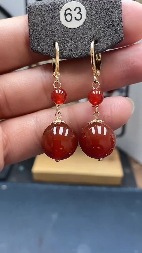 银S925镀金镶嵌南红玛瑙耳饰尺寸14mm耳扣连珠02