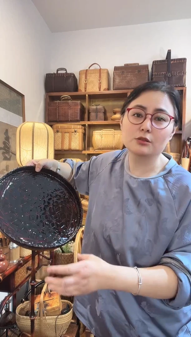 蓝泰漆器竹编复古圆浅盘