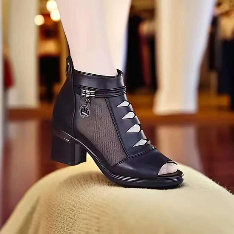 2025春夏季新款粗跟网纱镂空透气凉靴女百搭中跟大码中老年女凉靴