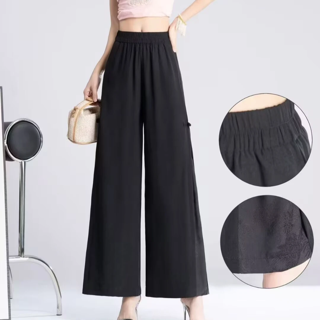 新中式国风阔腿裤女夏季新款高腰显瘦九分休闲提花裤