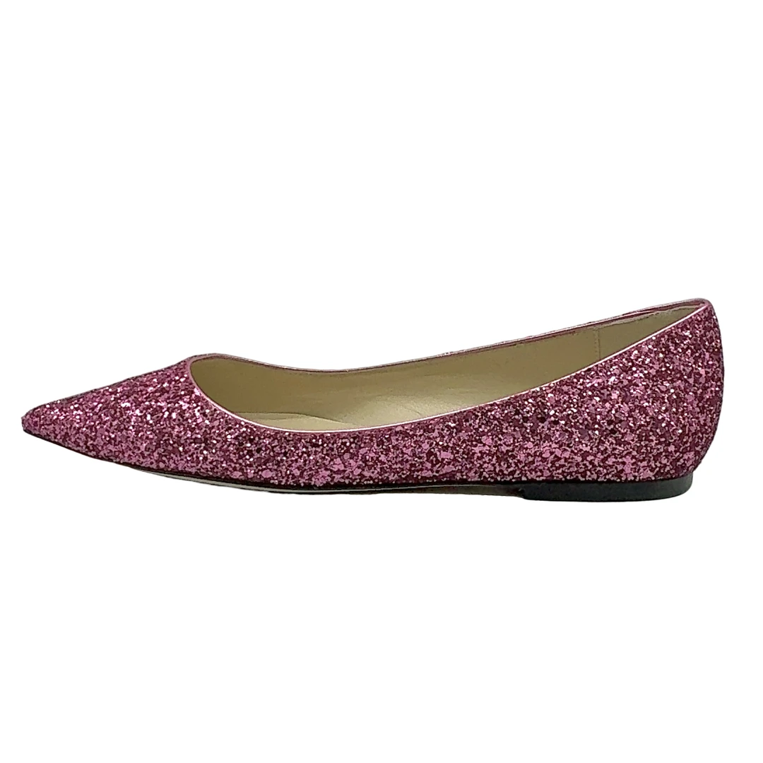 99新 JIMMY CHOO/吉米周 34.5-39码/时尚粉红亮片尖头浅口平底鞋