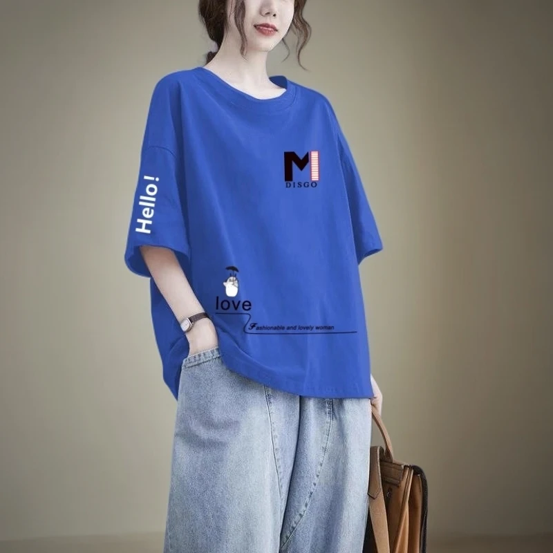 清仓捡漏100%纯棉圆领短袖t恤女夏季韩版宽松休闲大码女洋气减龄