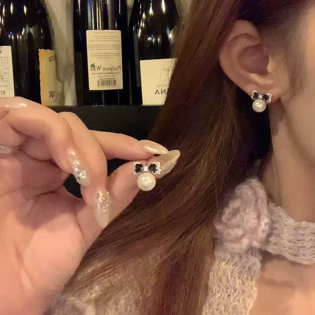 铜合金锆石耳饰 韩系小香风闪锆蝴蝶结珍珠耳环女气质耳针耳饰