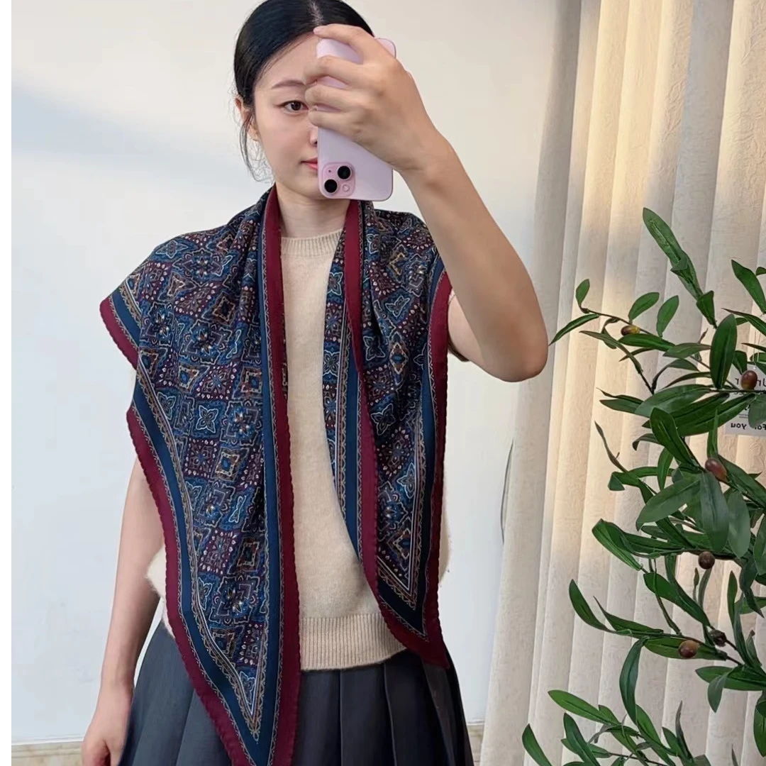 【波斯格纹】逐梦鸟三角巾70*150cm100%羊毛手工卷边复古围巾丝巾