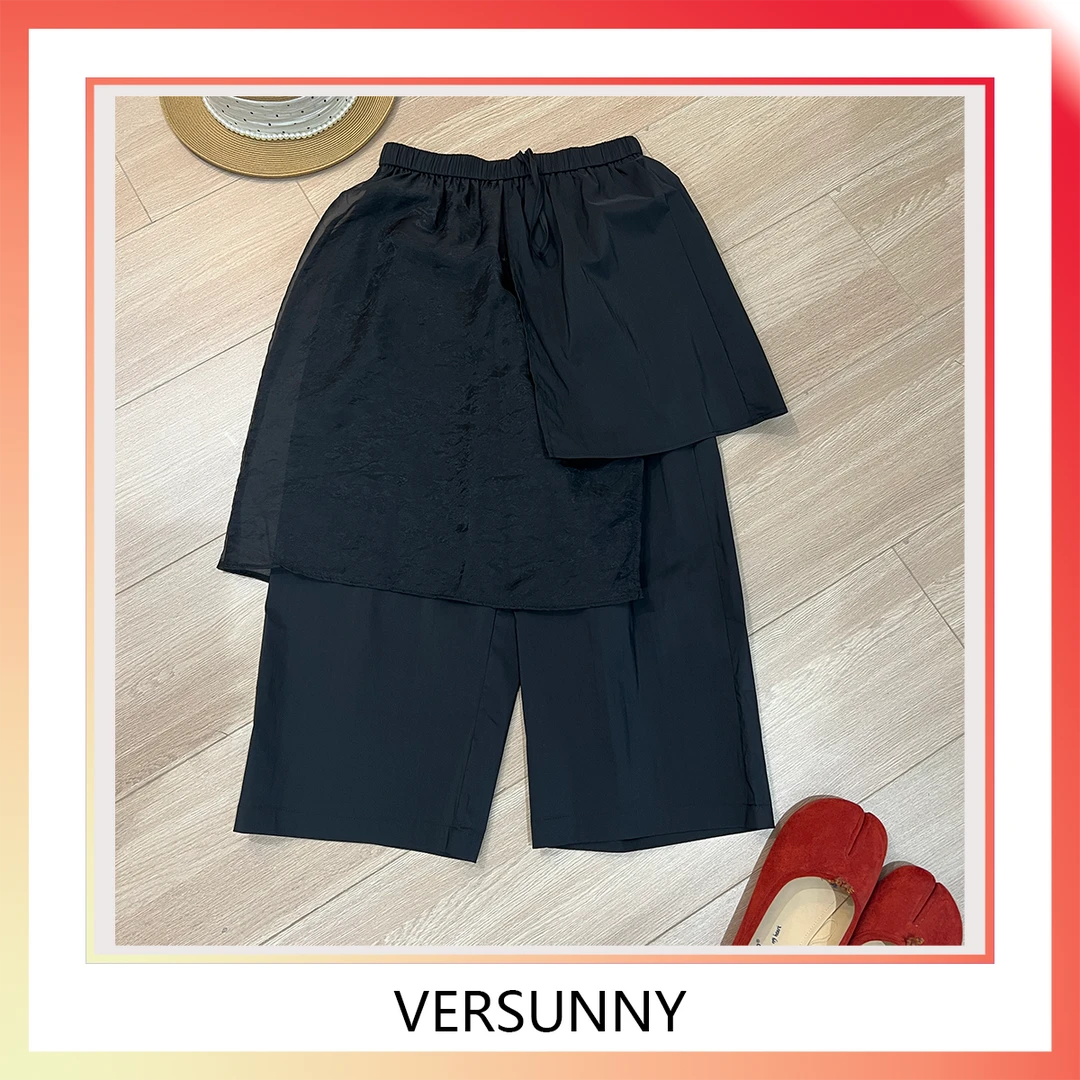 (3986)欧货时尚百搭显瘦松紧腰拼接欧根纱裤裙