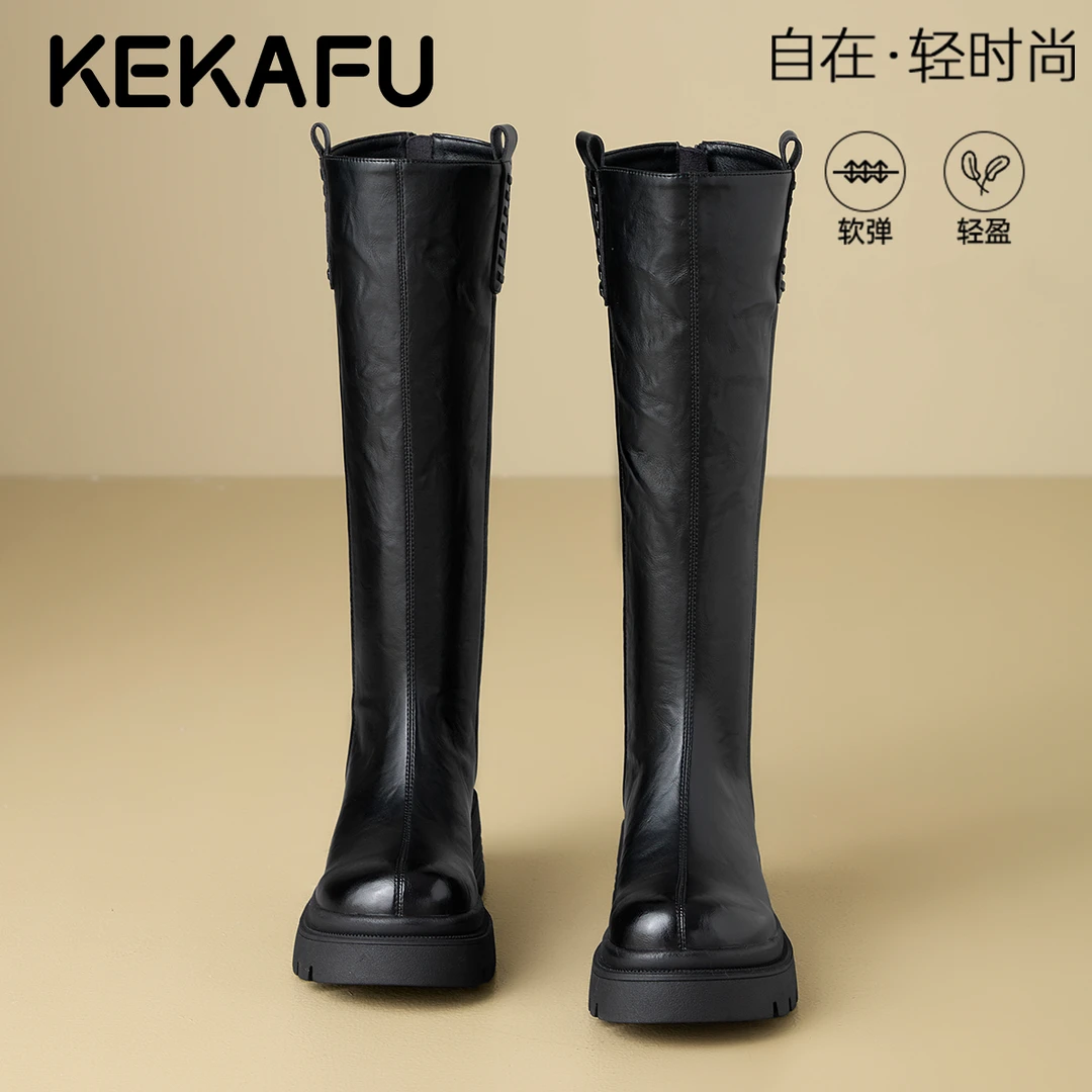 珂卡芙不过膝黑色长筒靴女款2025新款秋冬靴子增高小个子骑士长靴