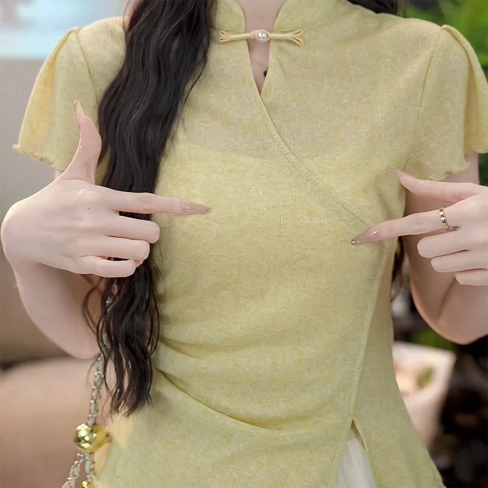 【漫岛诗集】夏季新款国风立领盘扣不规则短袖T恤显瘦气质