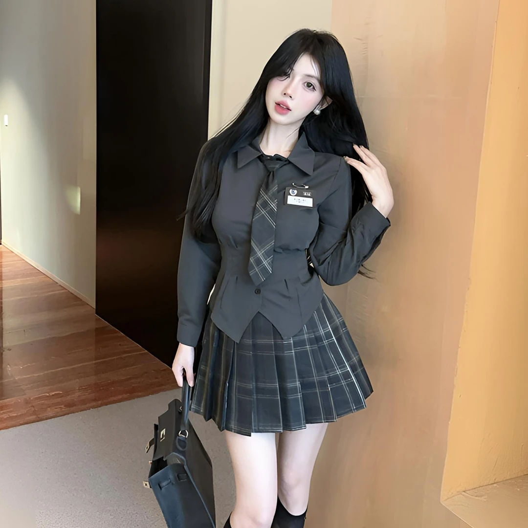 纯欲学院风减龄辣妹套装秋季收腰显瘦白色衬衫jk制服百褶裙两件套