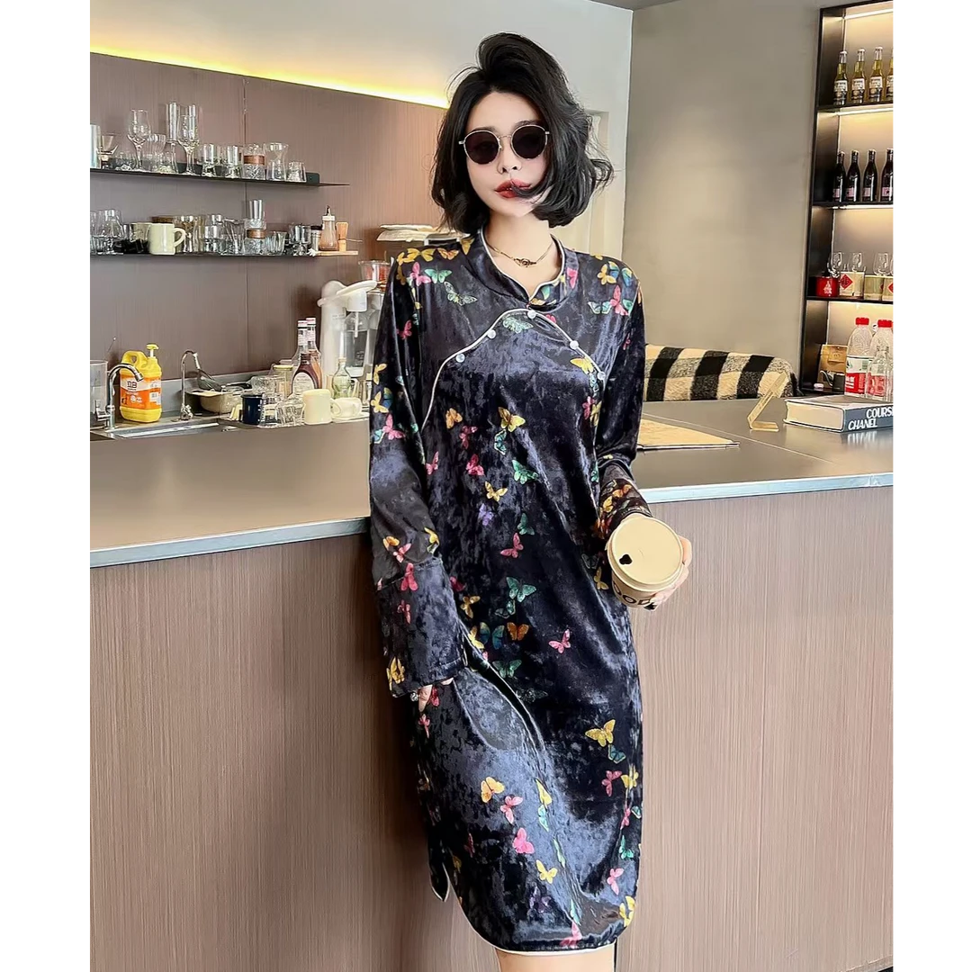 D8370新中式国风丝绒蝴蝶花设计感长袖连衣裙女新款旗袍裙