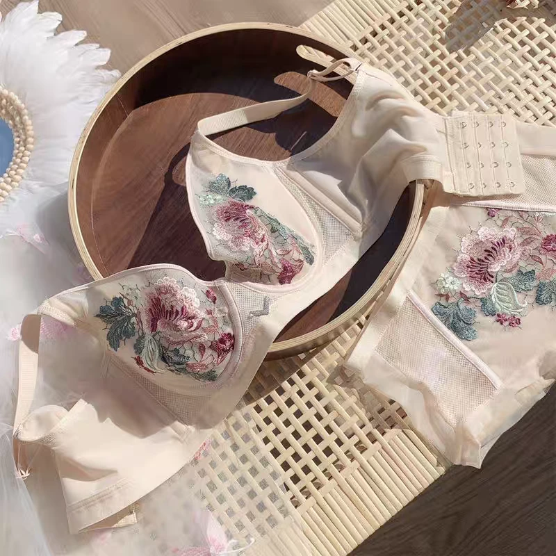 国风重工刺绣蕾丝软钢圈防下垂聚拢侧收副乳全棉内杯薄款性感内衣