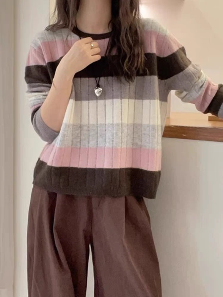 玲姐定制-慵懒风撞色条纹设计感打底衫针织毛衣280249