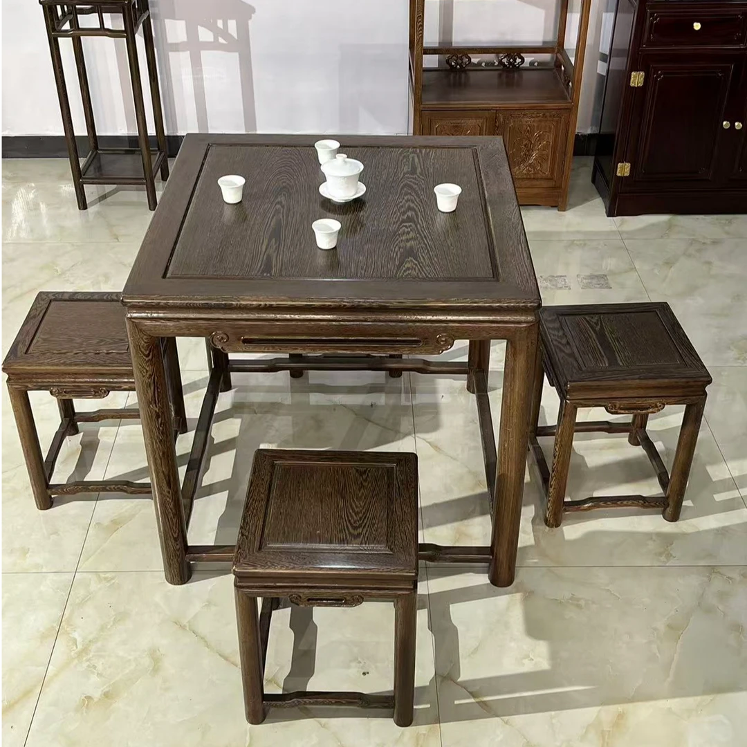 红殿红木家具鸡翅木方桌八仙桌方凳组合正方形饭桌休闲桌餐桌方凳