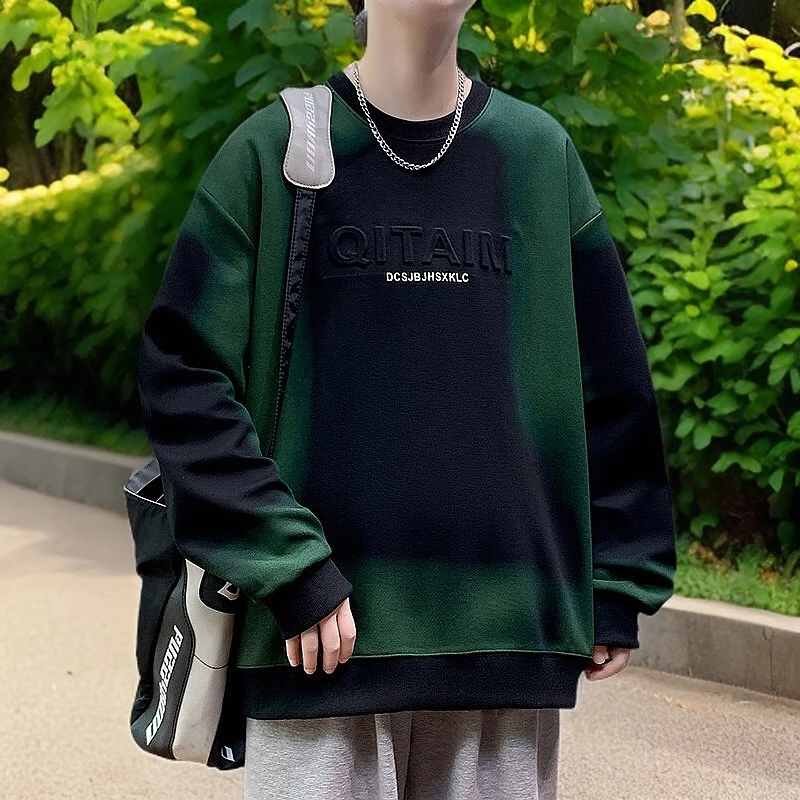 美式卫衣男春秋季新款宽松休闲上衣服男士打底衫字母压花长袖t恤