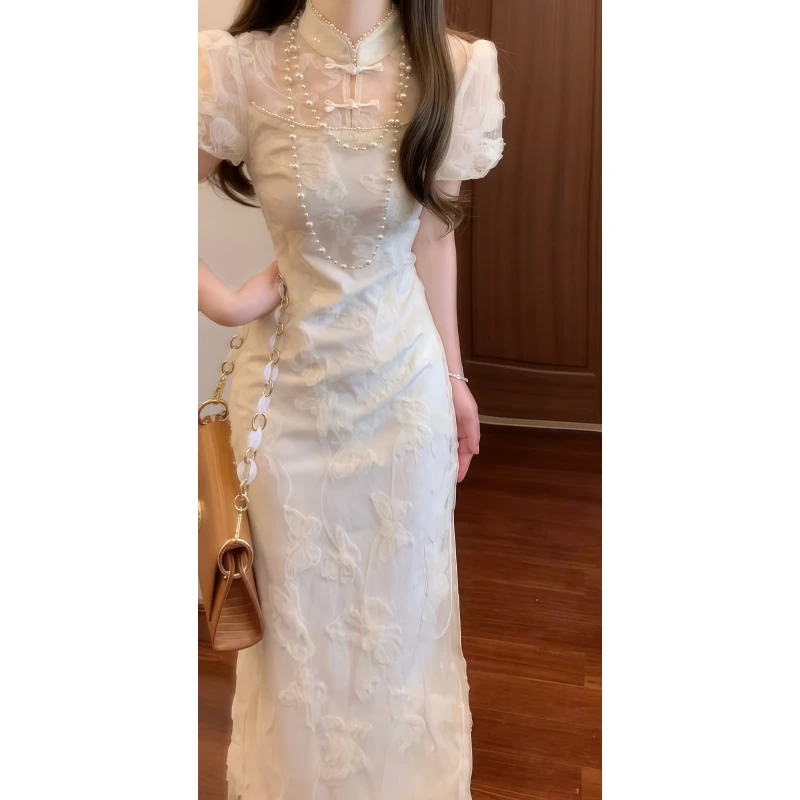 新中式国风重工蕾丝改良旗袍连衣裙泡泡袖仙气订婚礼服长裙9433