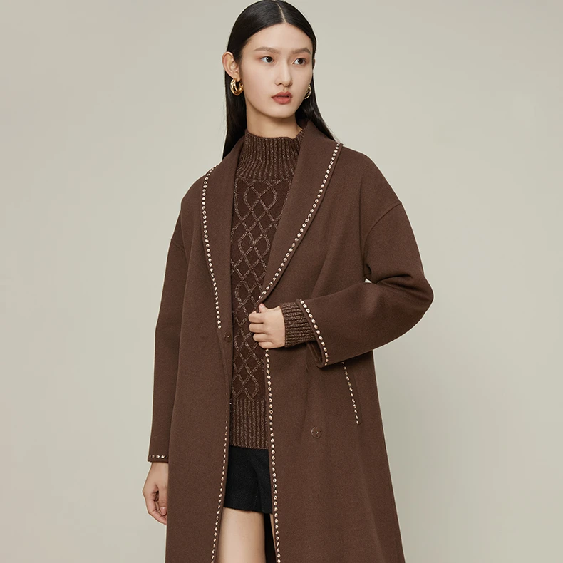 【小熊专属】曼德诗纯色长款大衣新款修身翻领上衣系带收腰外套